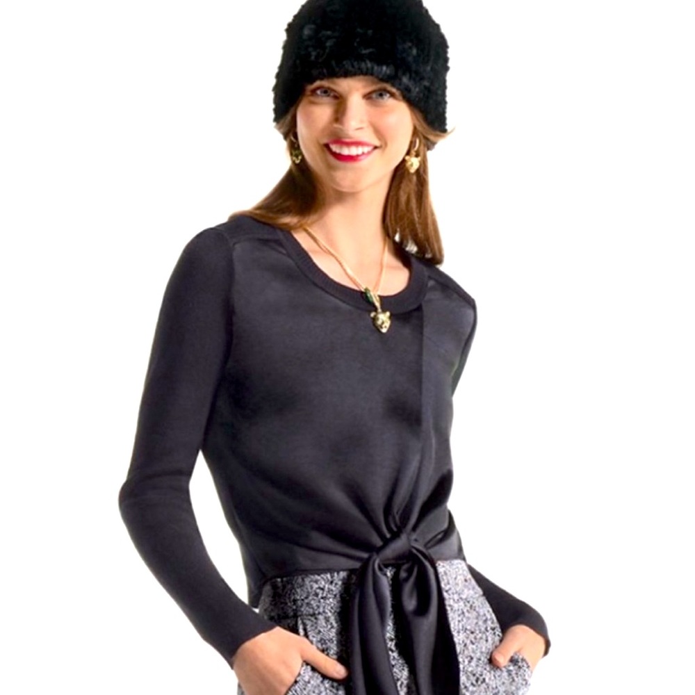 CAbi Black Crew Neck Sweater with Satin Detail